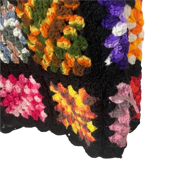 Granny Squares Colorful Crochet Afghan Throw Handmade BOHO 50" x 66" Black Knit - Picture 7 of 7